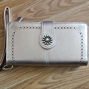 Metallic Rose Gold Women's Wristlet Wallet with Floral Stud